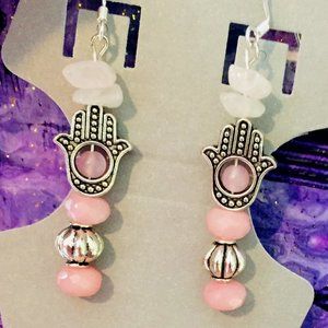 Rosey Transition - Rose Quartz raw stones stacked - Hand of Hamsa Earrings